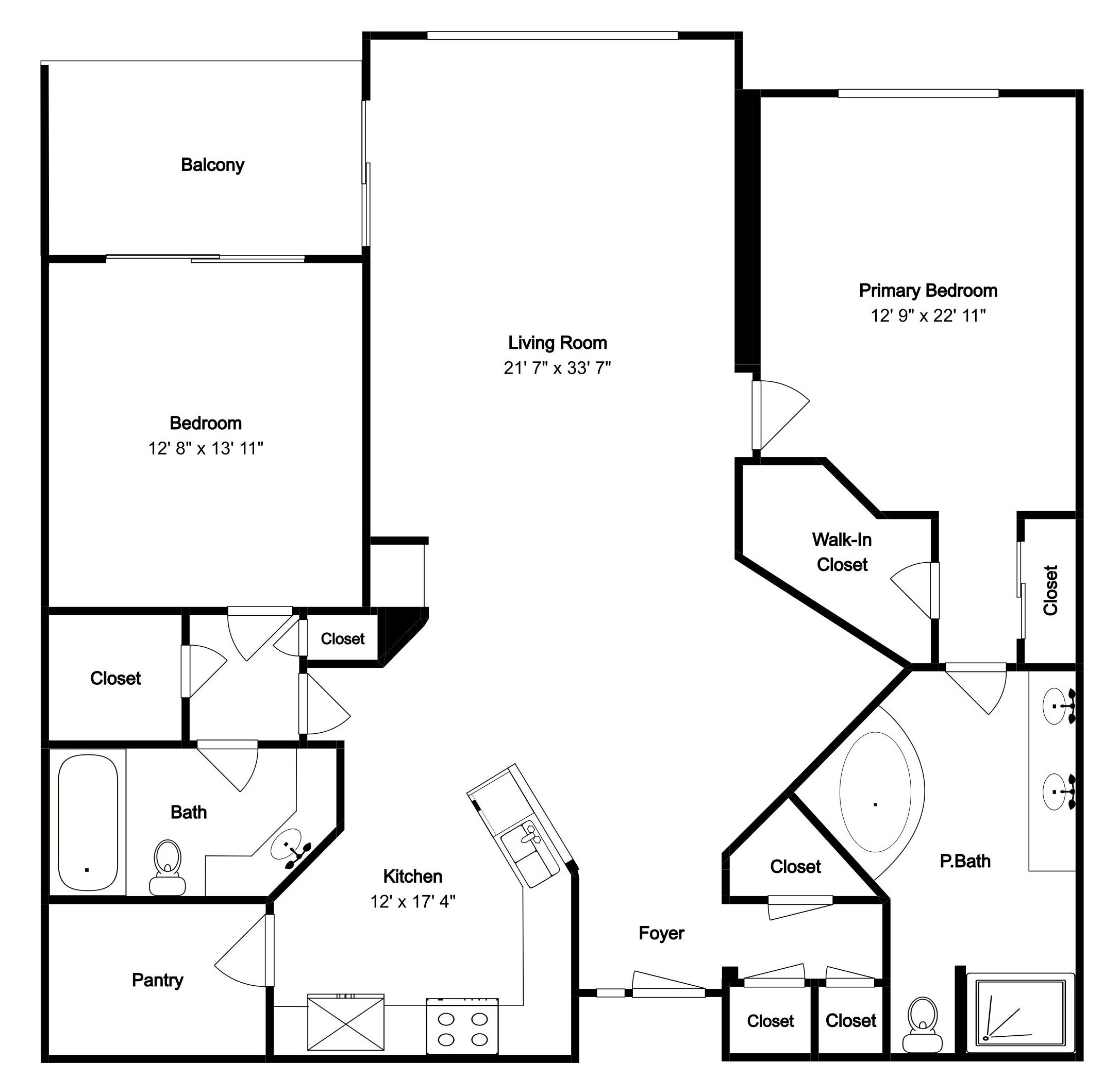 Un plan d’étage comprenant une chambre, un salon, un balcon, une salle de bain, une cuisine et un garde-manger.