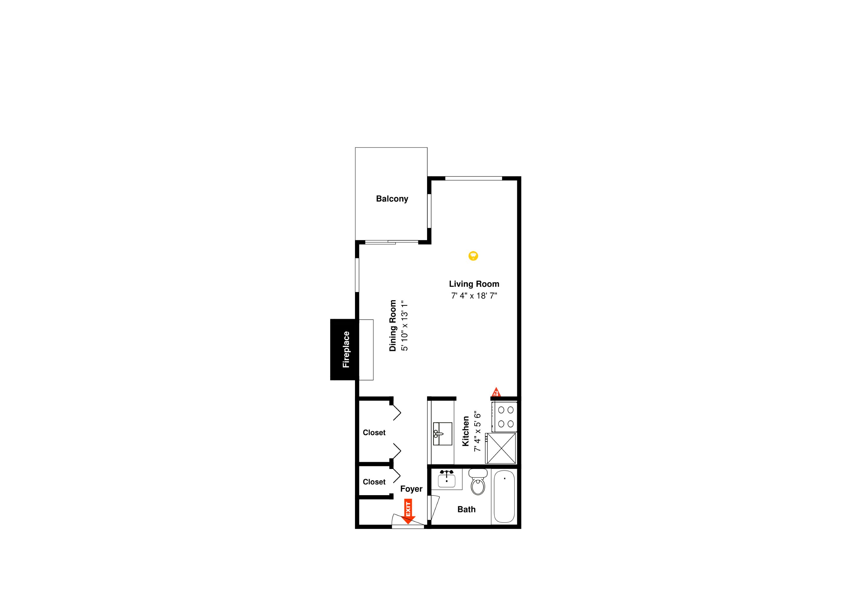 Grundriss eines Hotelzimmers mit Balkon, Wohnzimmer, Esszimmer, Küche, zwei Schränken, einer Diele und einem Badezimmer.