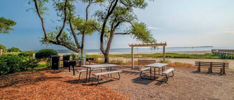 Een picknickplaats aan het strand met tafels en banken, omgeven door bomen en uitzicht op de oceaan.