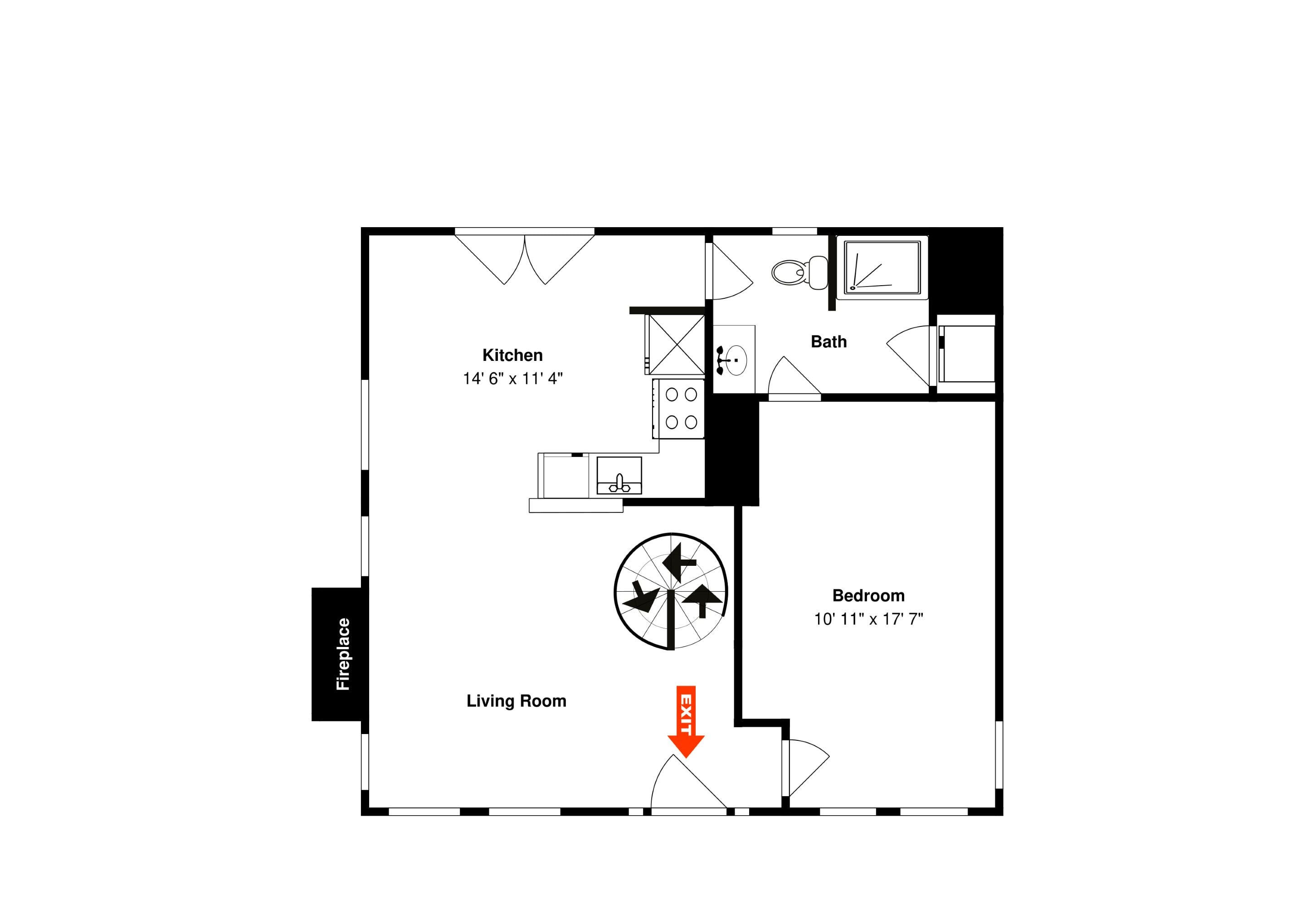 A floor plan of a house with a kitchen measuring 14'6" x 11'4", a bedroom measuring 10'11" x 17'7", and an exit marked with a red arrow.