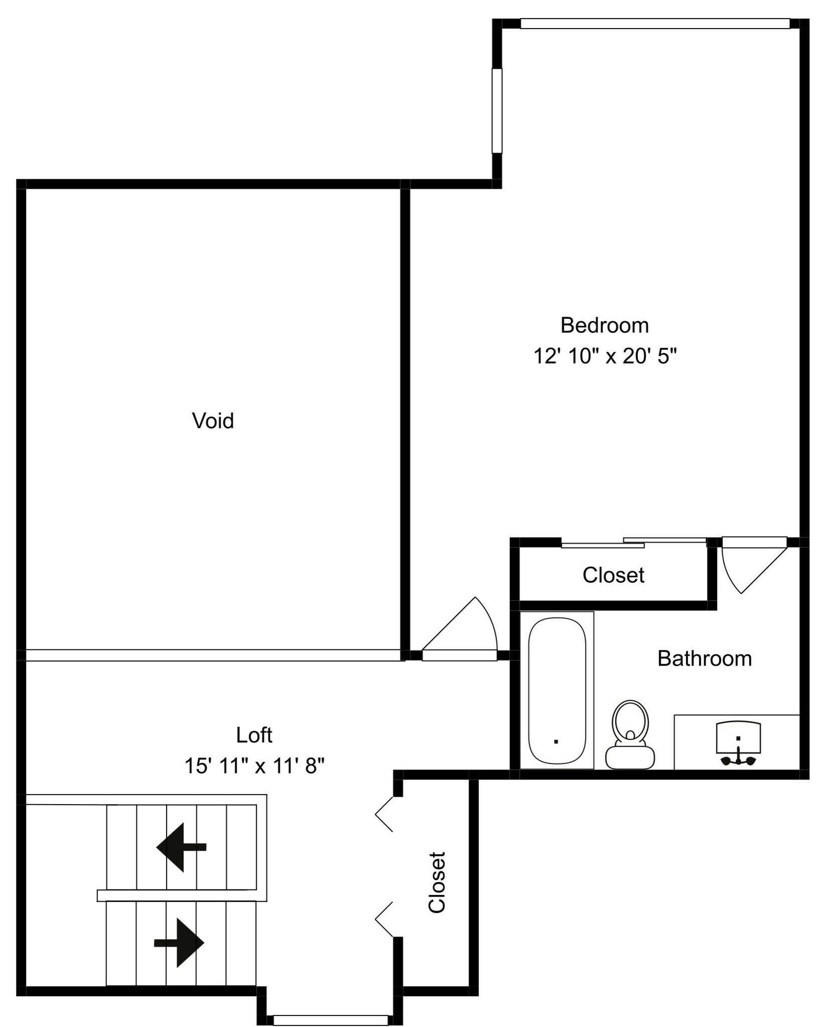 Plano de planta que muestra un dormitorio, armario, baño y altillo.