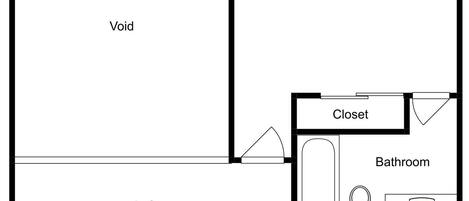 Plano de planta que muestra un dormitorio, armario, baño y altillo.