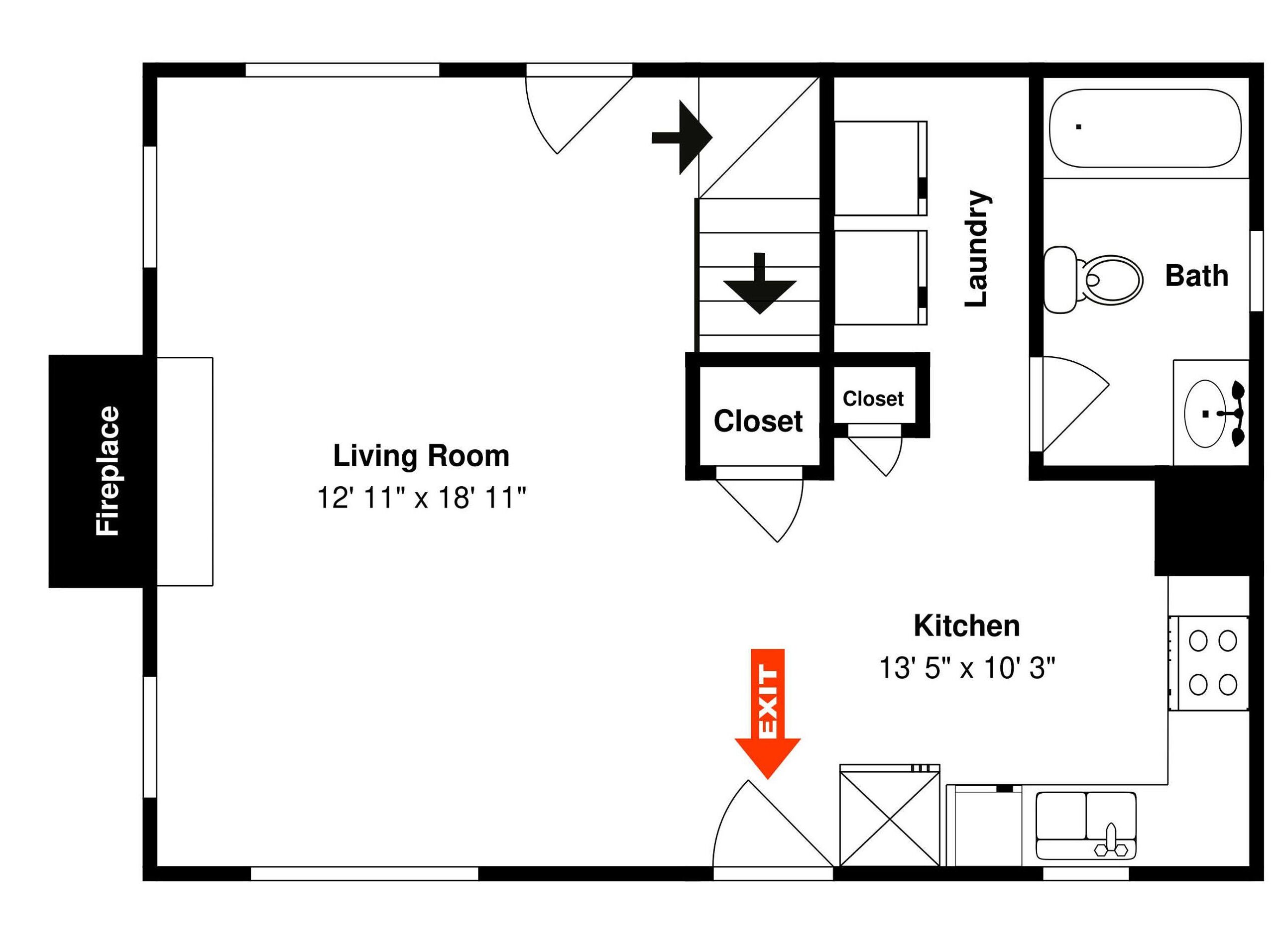 Een plattegrond van een huis met een open haard, woonkamer, kast, wasruimte, badkamer en keuken.