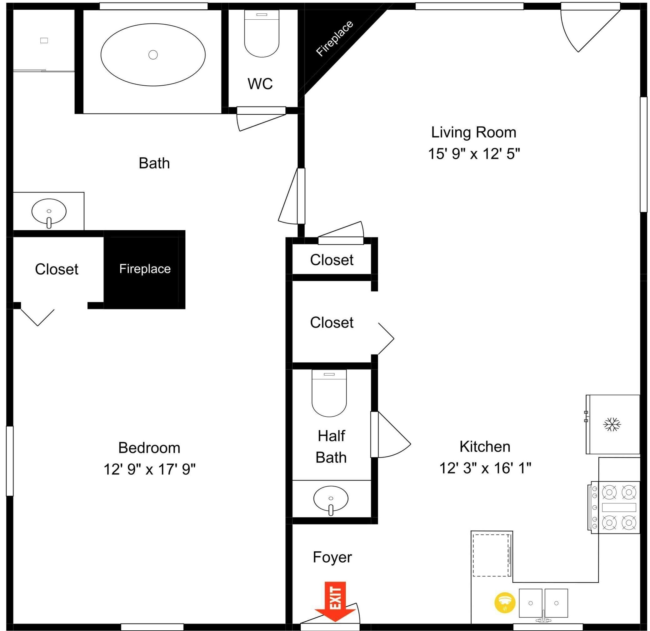 Plano de planta de una casa que incluye sala de estar, cocina, baño, dormitorio y recibidor.