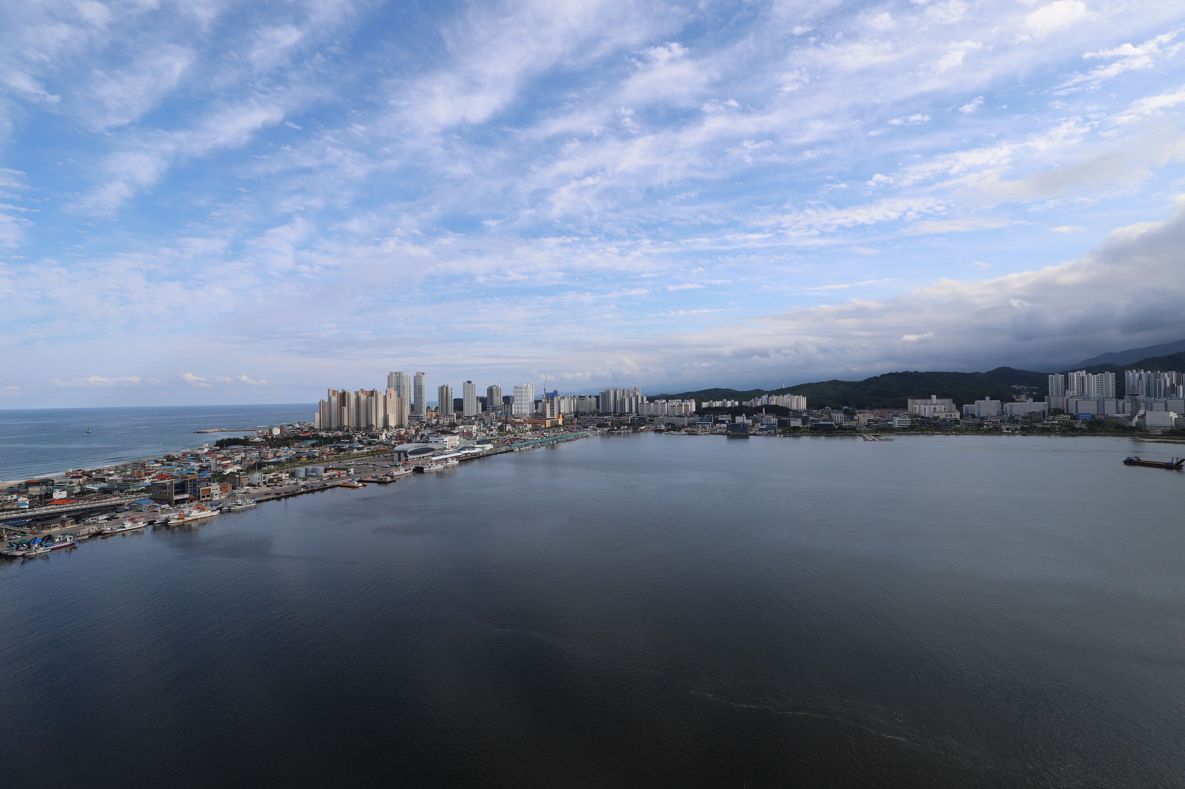 An aerial view of a coastal city with high-rise buildings, a marina, and a large body of water.
