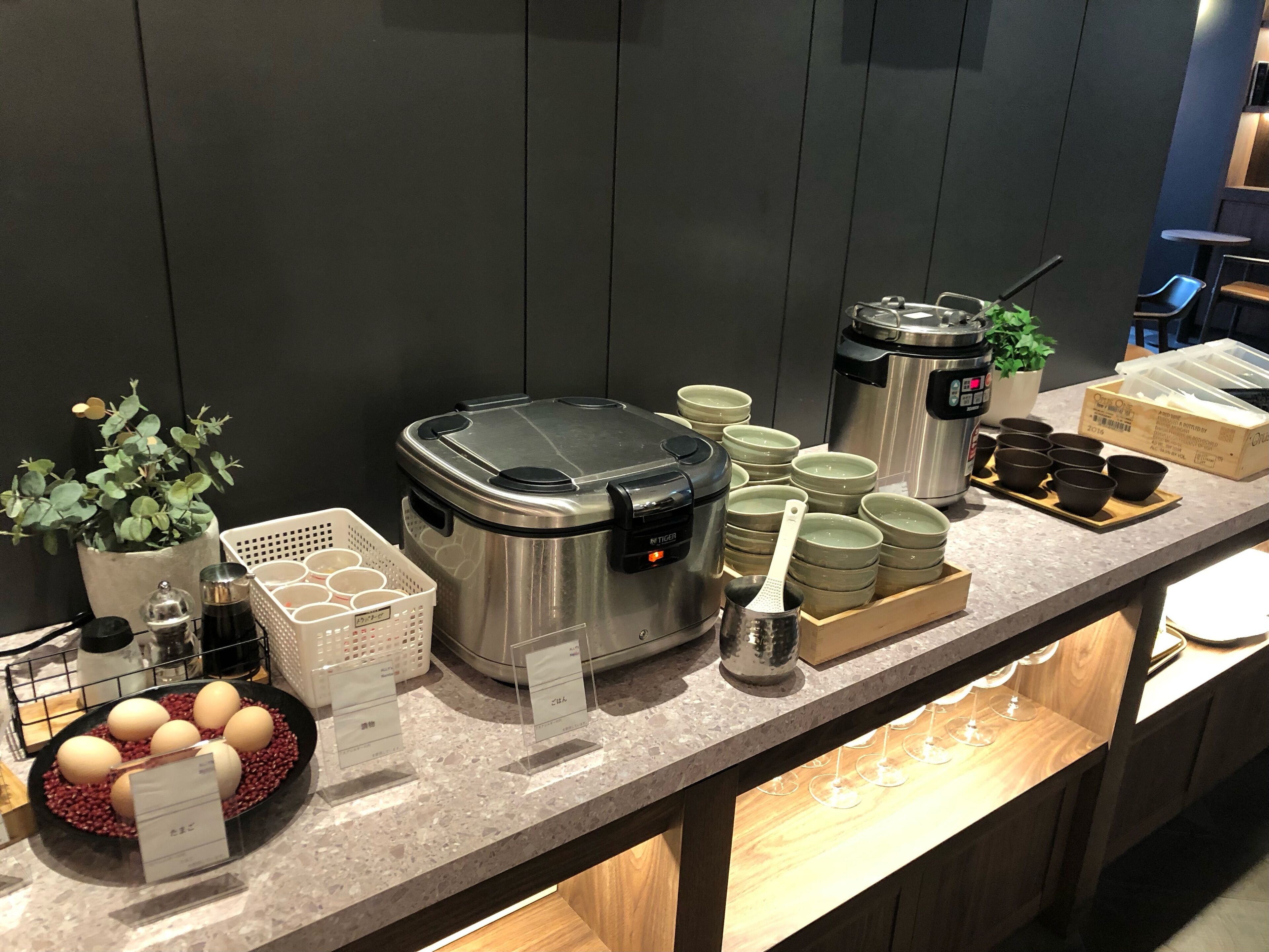 A kitchen counter with a rice cooker, bowls, a coffee maker, and a potted plant.