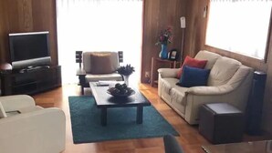 A living room with a sofa, a coffee table, a TV, and a fireplace. - Bonel Guest House (Tomisato)