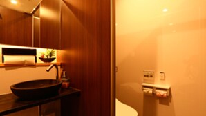 Une salle de bain avec un meuble-lavabo en bois, un évier et des toilettes.
