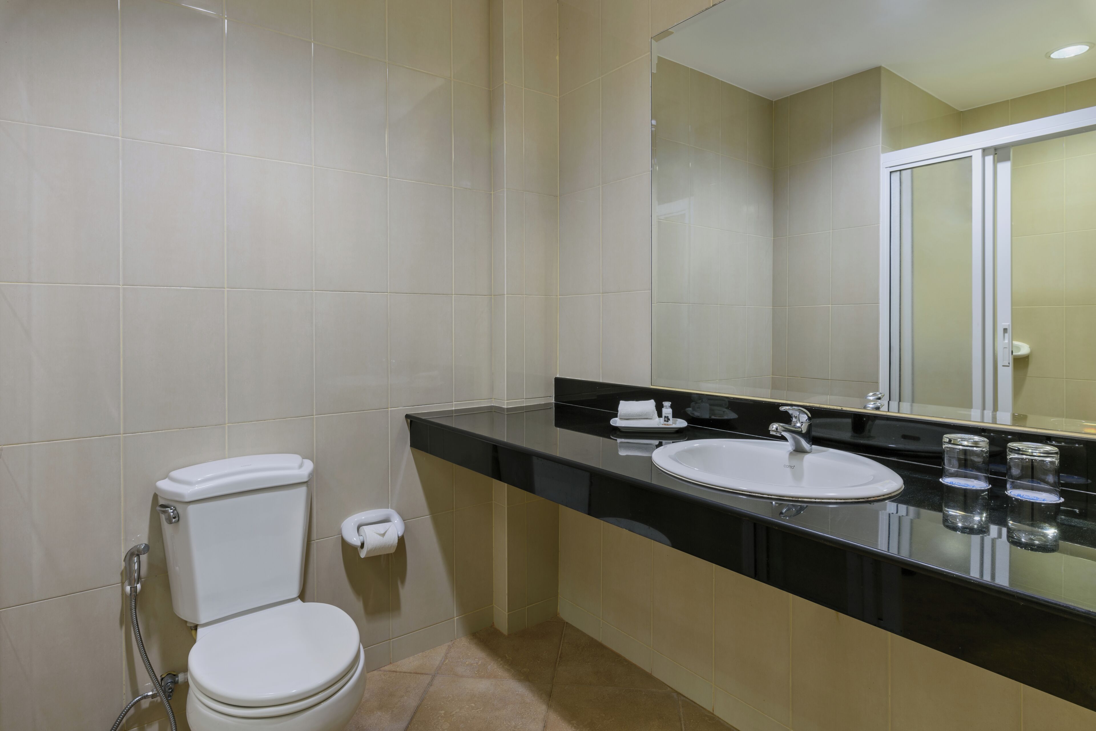 A bathroom with a toilet, sink, and mirror.