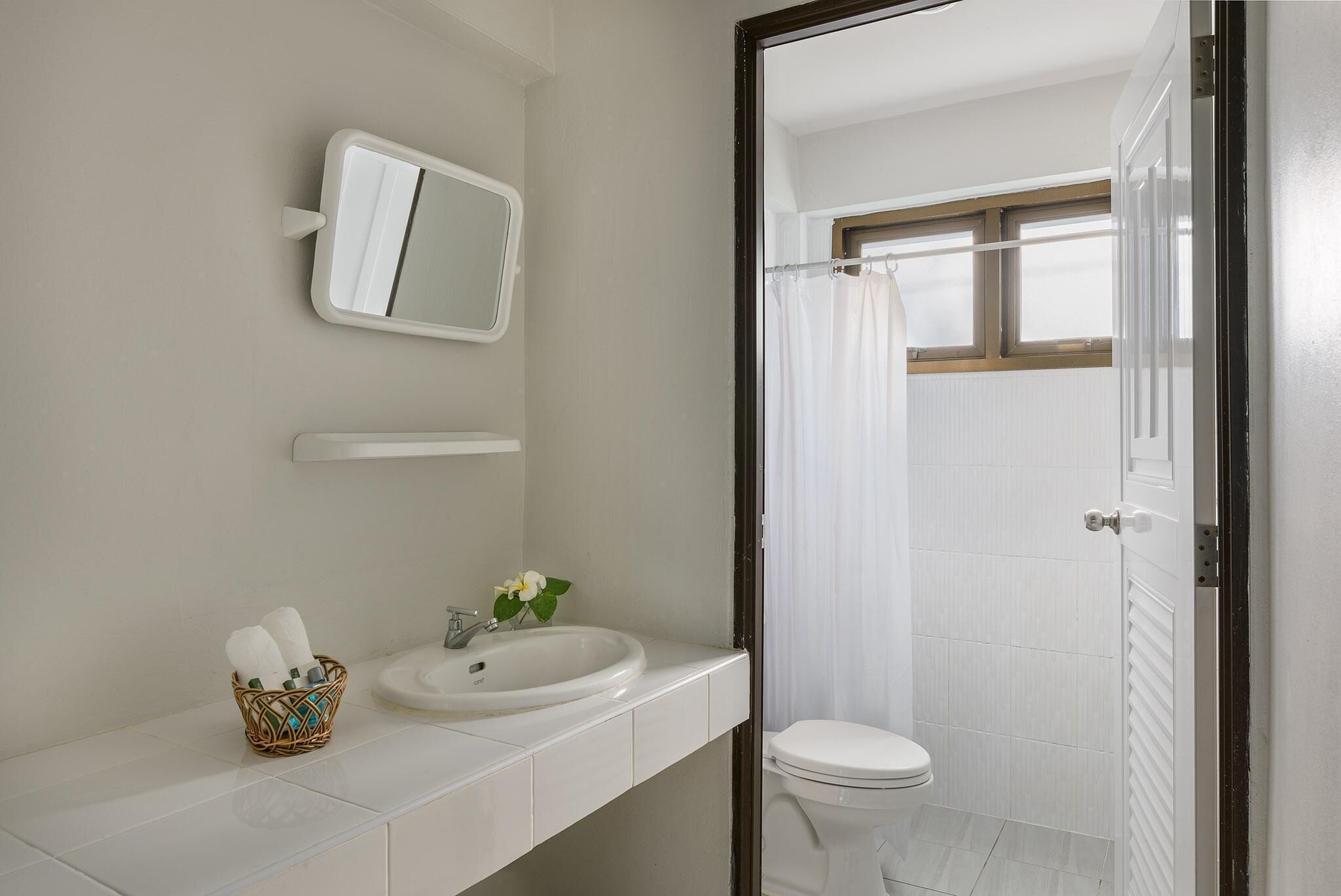 Ein Badezimmer mit einem weißen Waschbecken, einem Spiegel, einer Toilette und einer Duschvorhang.