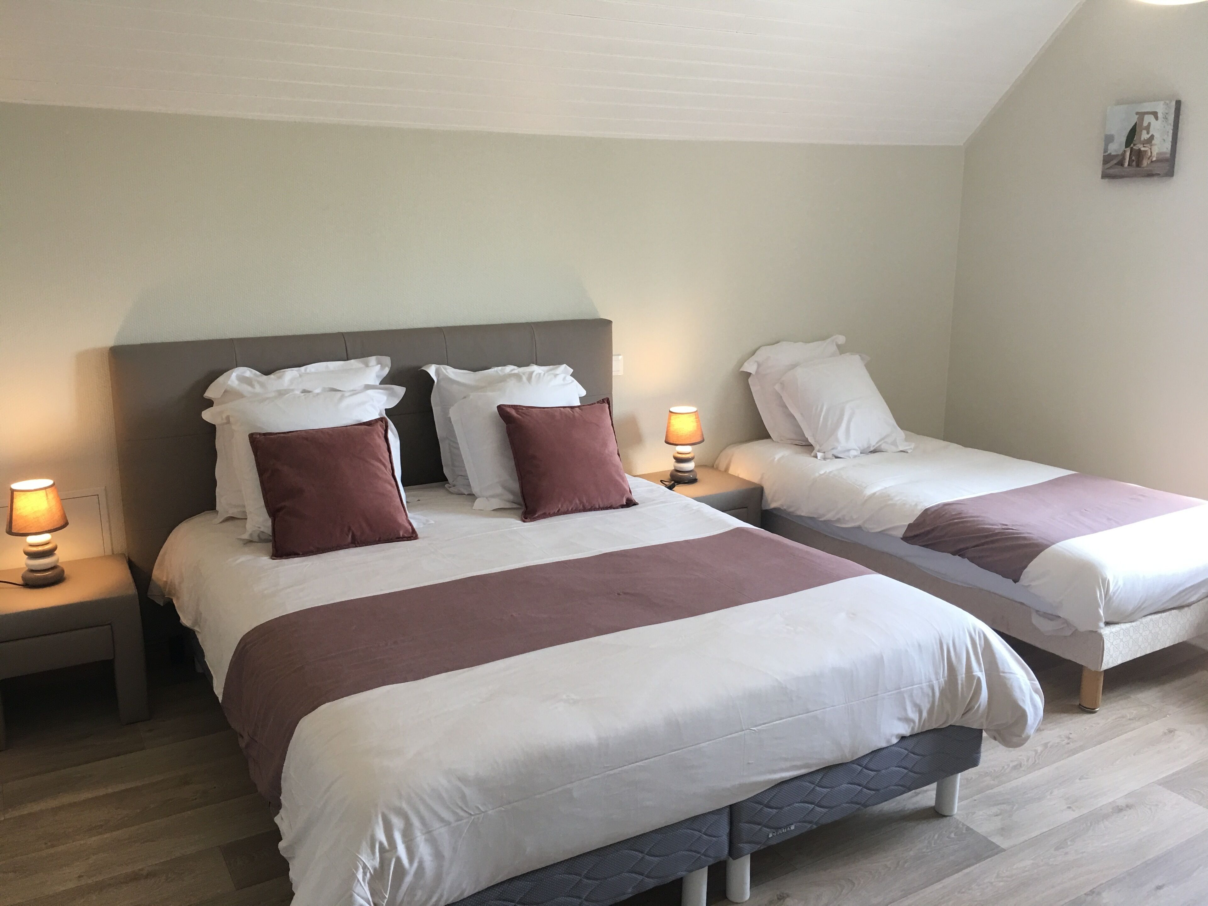 Een hotelkamer met twee bedden, elk voorzien van witte beddengoed en bruine kussens, en een klein nachtkastje met een lamp.