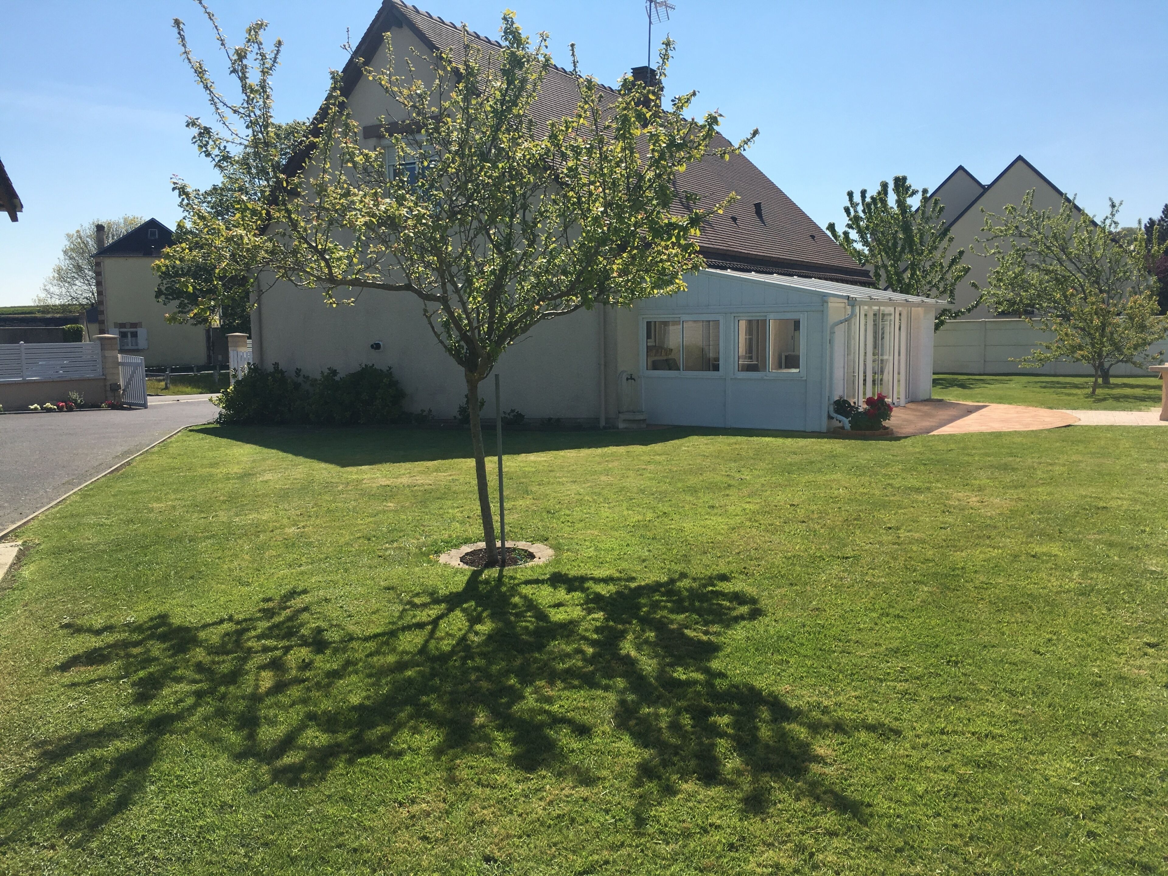 A residential house with a well-maintained lawn, a small tree, and a clear sky.