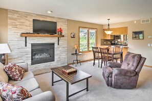 TV, fireplace, DVD player, books