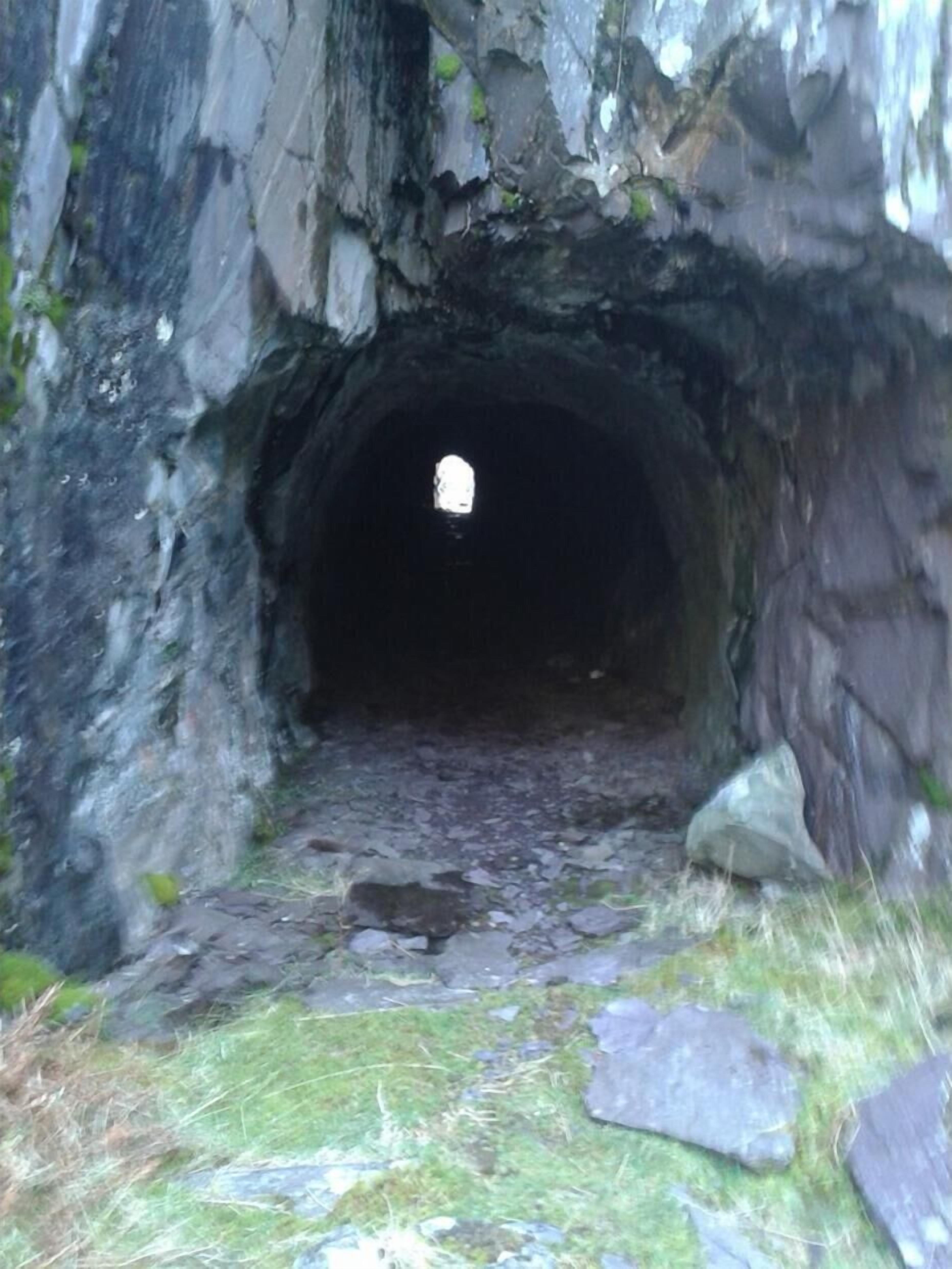 A tunnel entrance with rocky walls and a narrow path leading into darkness.