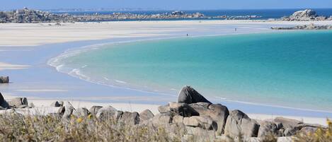 On the beach, sun-loungers