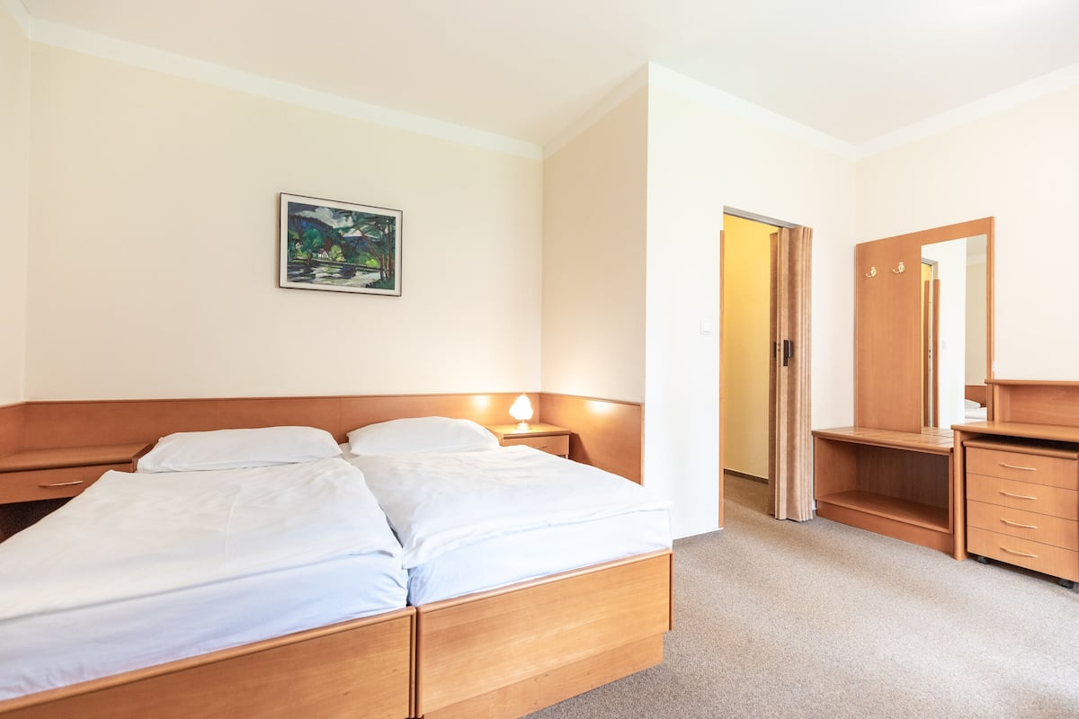 Habitación de hotel con una cama de madera, una mesita de noche con lámpara, un aparador de madera y un espejo.