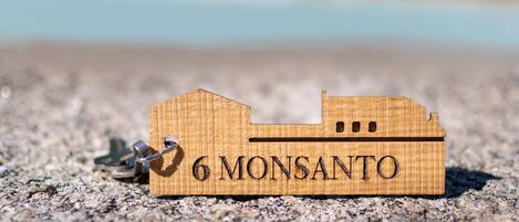 Un llavero de madera con forma de barco y la inscripción '6 MONSANTO'.