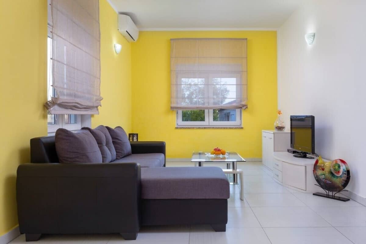 Una sala de estar con un sofá, una mesita con fruta, un televisor y un objeto decorativo.
