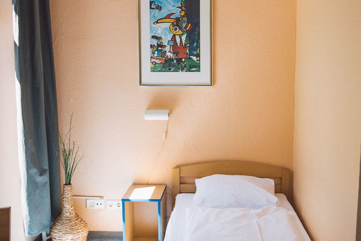 A single bed with a white mattress and a headboard, a bedside table with a lamp, a framed picture on the wall, and a window with curtains.