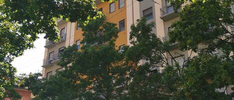 Un edificio de varios pisos con balcones y un árbol en primer plano.