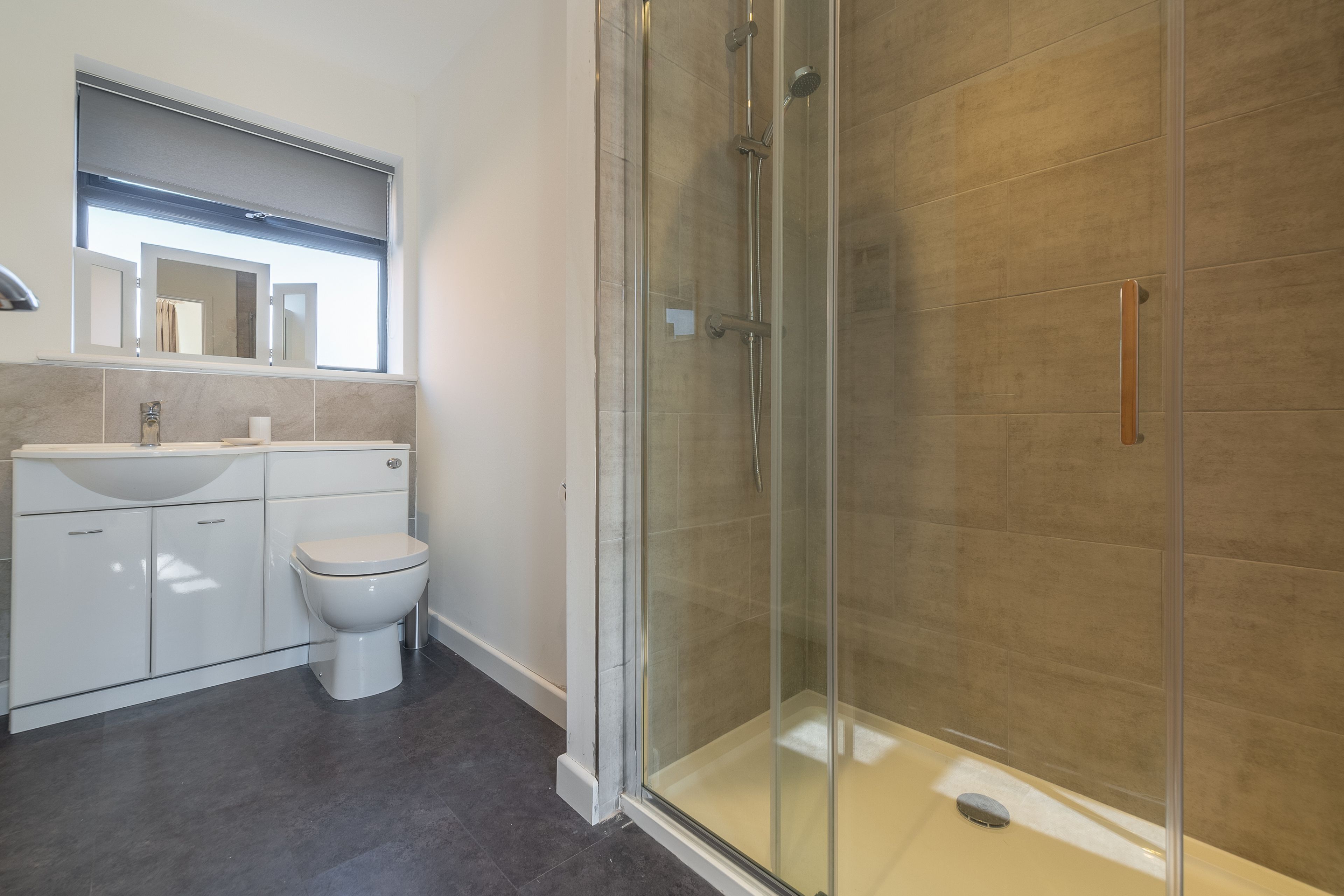 A modern bathroom with a glass-enclosed shower, a white toilet, and a vanity with a mirror above it.