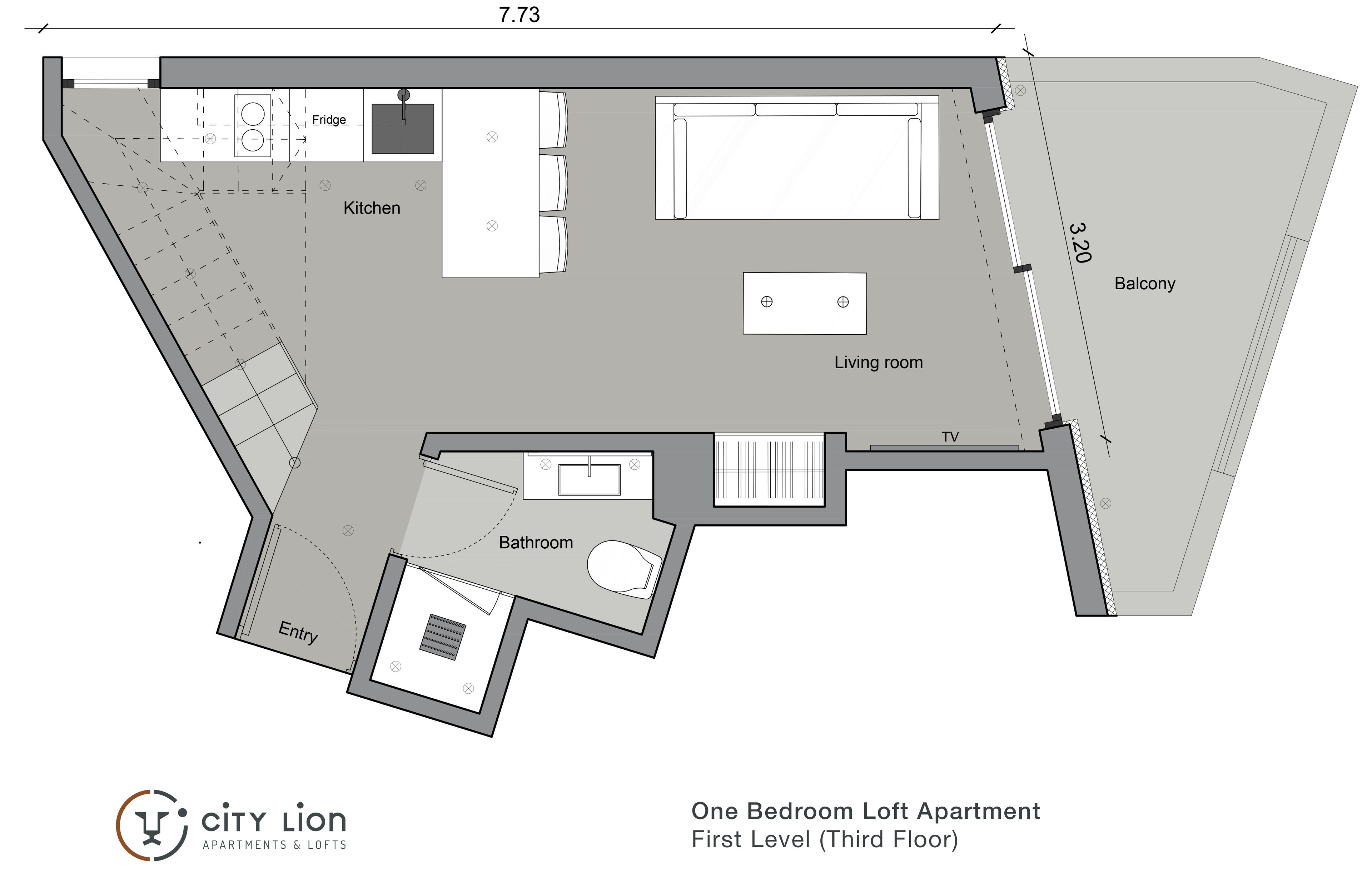 Planta de um loft de um quarto no primeiro nível, incluindo cozinha, sala de estar, banheiro e entrada.