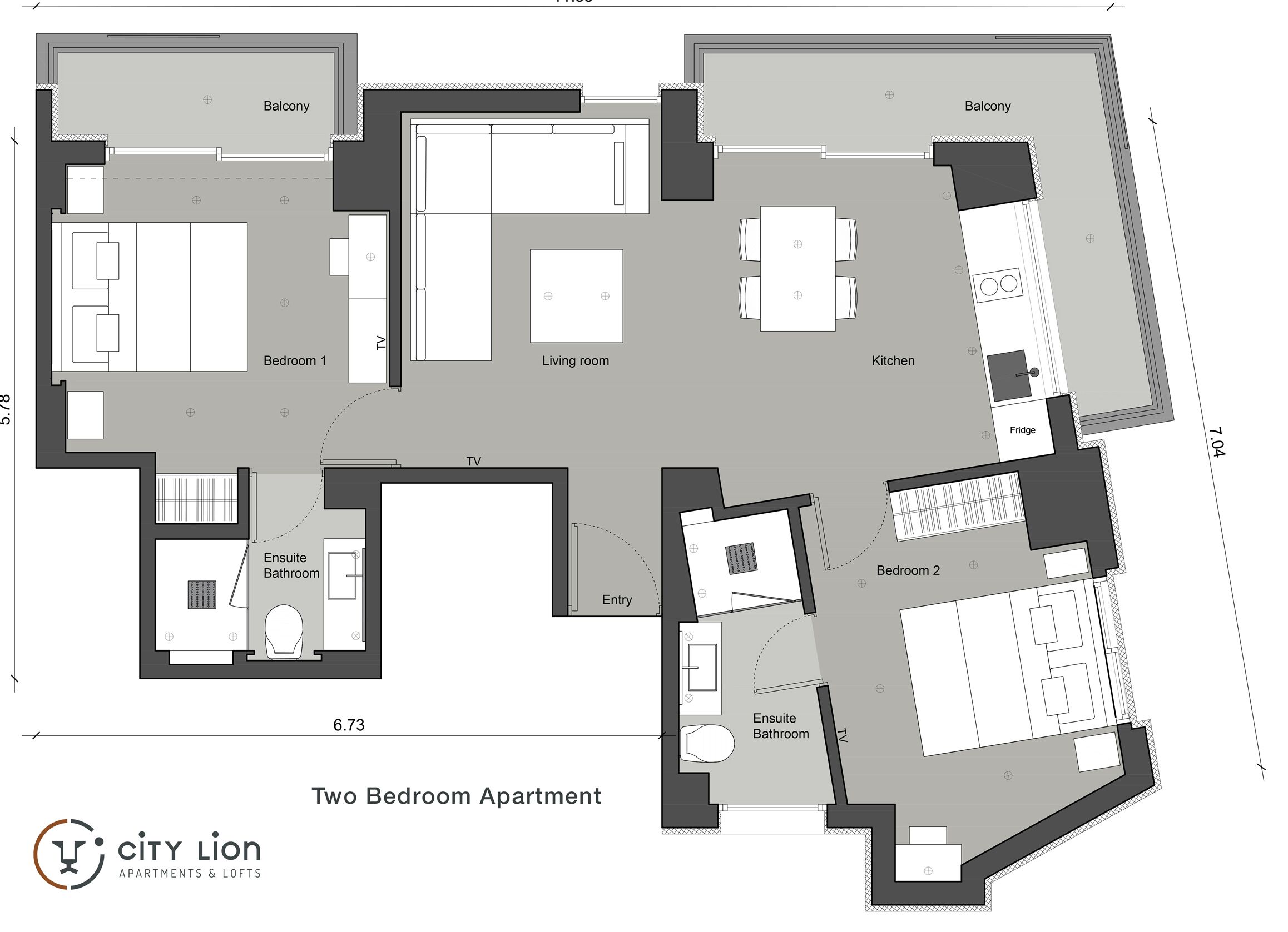 A two-bedroom apartment layout with a balcony, TV in each room, and an ensuite bathroom.