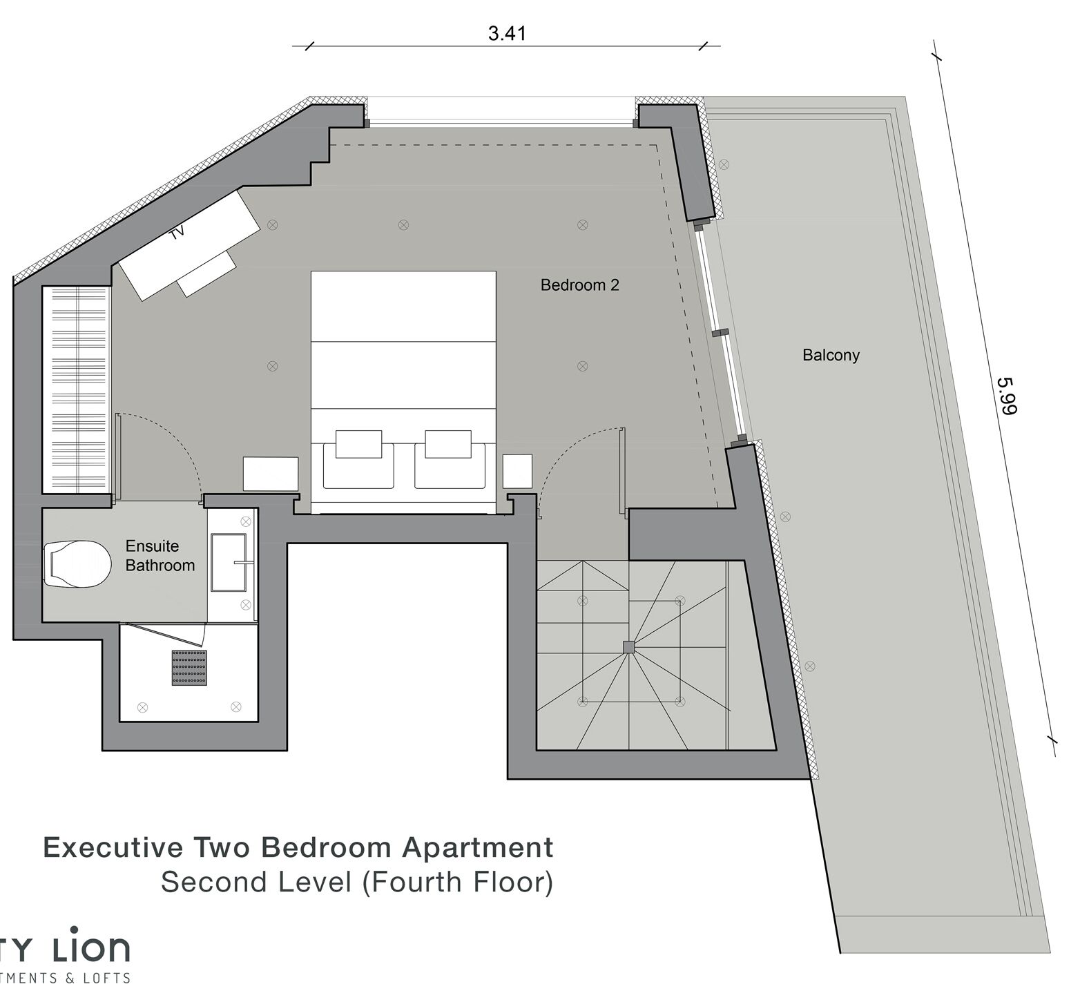 An executive two-bedroom apartment layout on the second level, featuring a balcony, ensuite bathroom, and a TV.