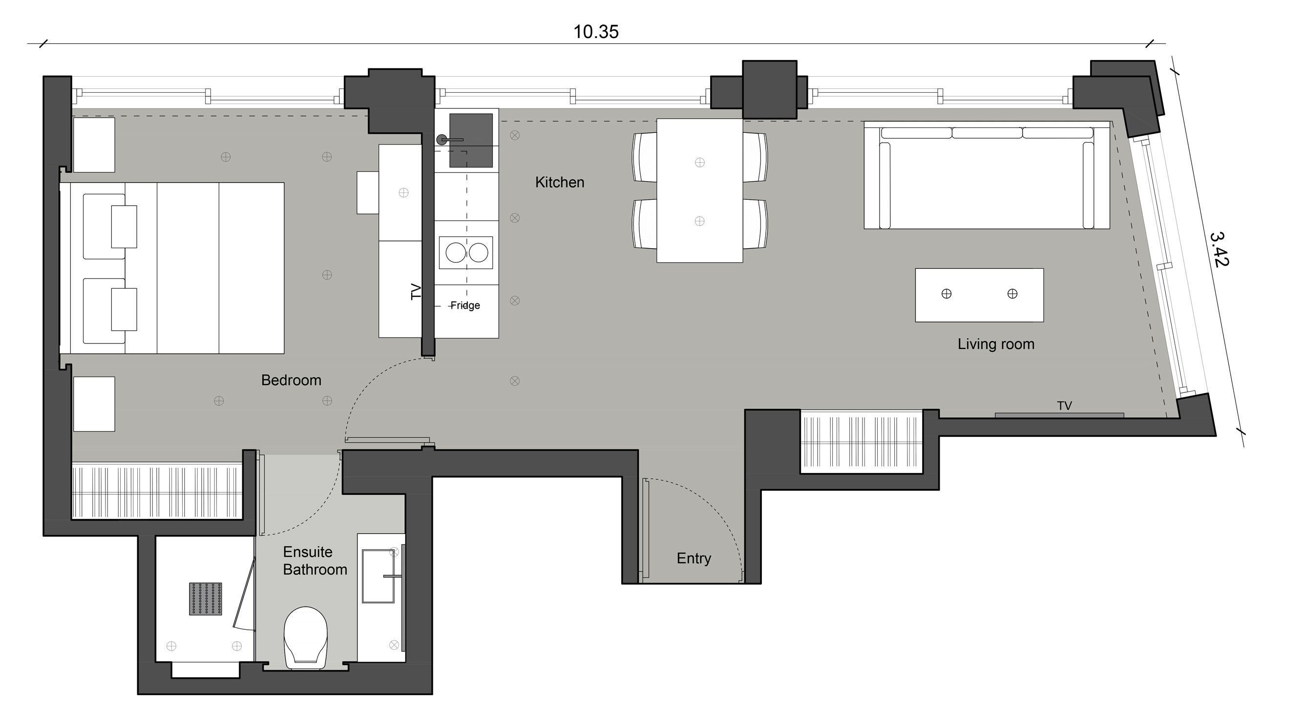 A floor plan of a hotel with a bedroom, ensuite bathroom, kitchen, living room, and TV.