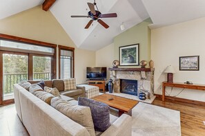 Televisión, chimenea y reproductor de DVD