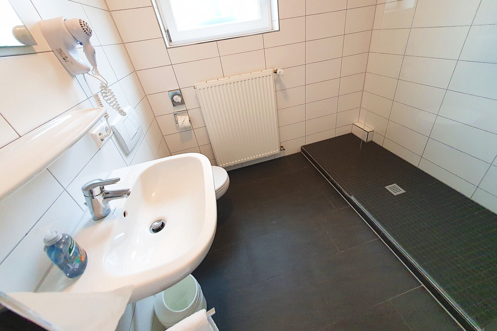 A bathroom with a white sink, a mirror, a hairdryer, and a toilet.