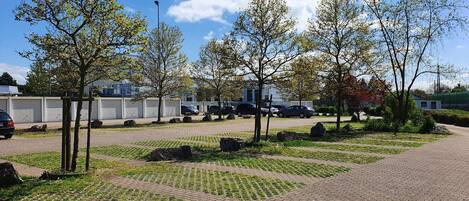 Un área de estacionamiento con árboles y un camino pavimentado.