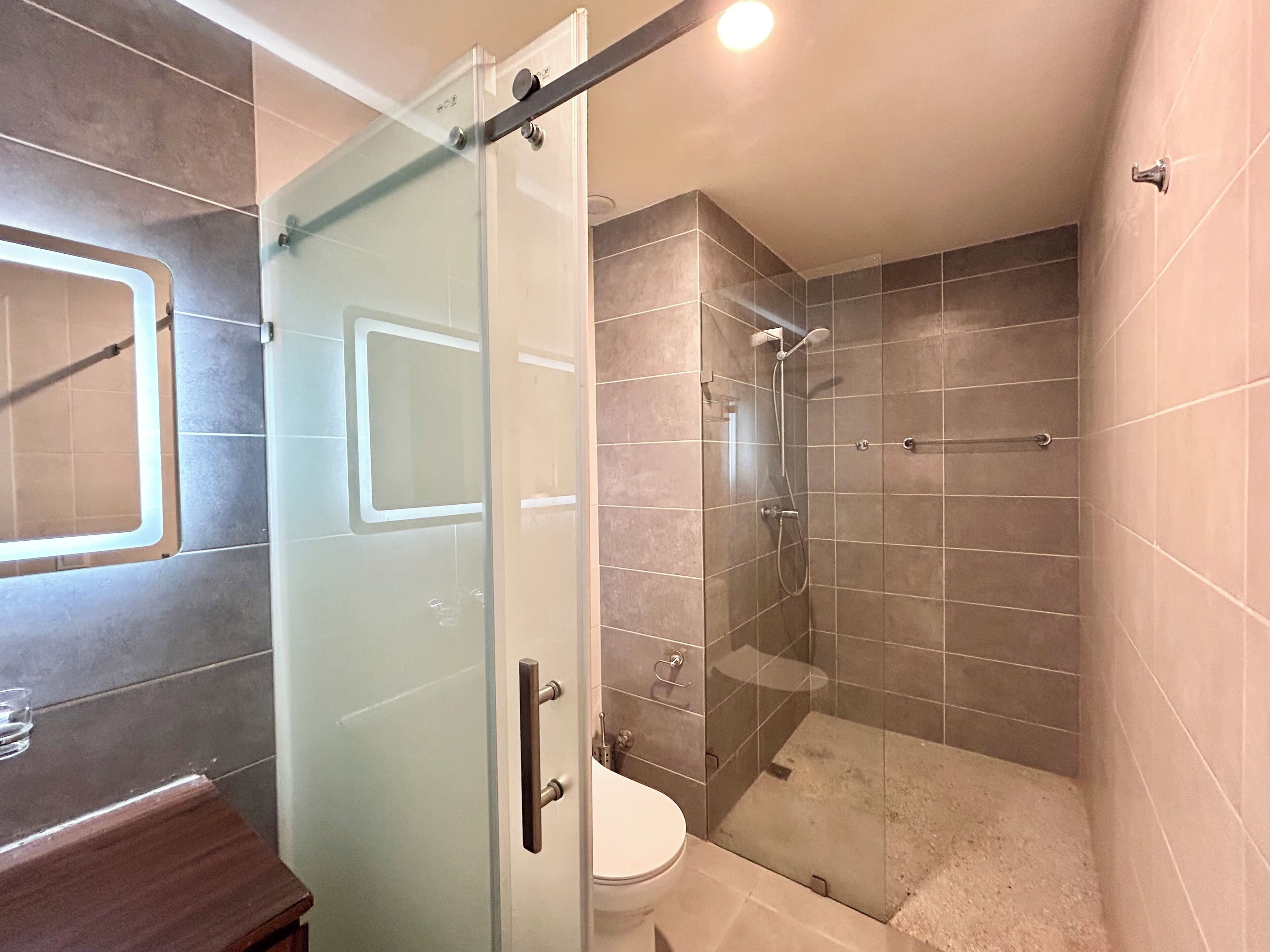 A modern bathroom with a glass-enclosed shower, a toilet, and a sink.