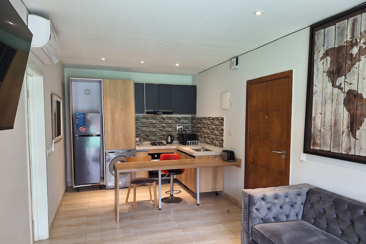 Departamento Confort, 1 cama matrimonial, para no fumadores, acceso a la alberca (E1) | 1 habitación, decoración personalizada y muebles diferentes