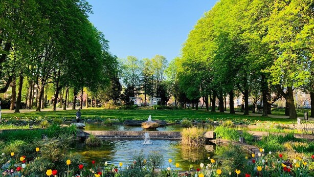 A park with a pond, surrounded by trees and colorful flowers. - Vacation apartment Ahr-Flair (Bad Neuenahr-Ahrweiler)