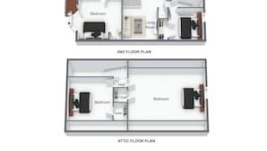A 2nd floor plan with a balcony, kitchen, bathroom, living room, and bedrooms. - 4BR/2BA Duplex Apt in Downtown Montclair w/Parking (Montclair)