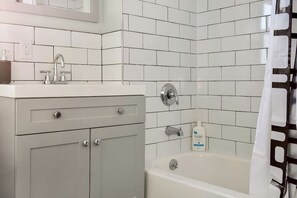 Shower, hair dryer, shampoo