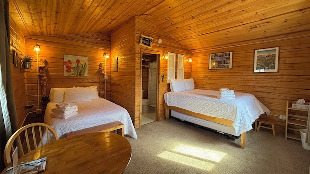 A wooden cabin with two beds, a dining table, and a bathroom. - Earthsong Lodge - FAMLY (Healy)