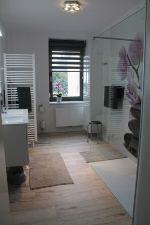 Douche, sèche-cheveux, serviettes fournies, savon