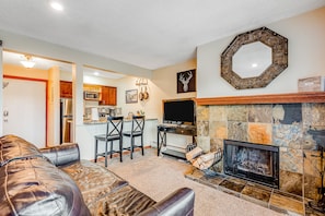 Televisión, chimenea y reproductor de DVD