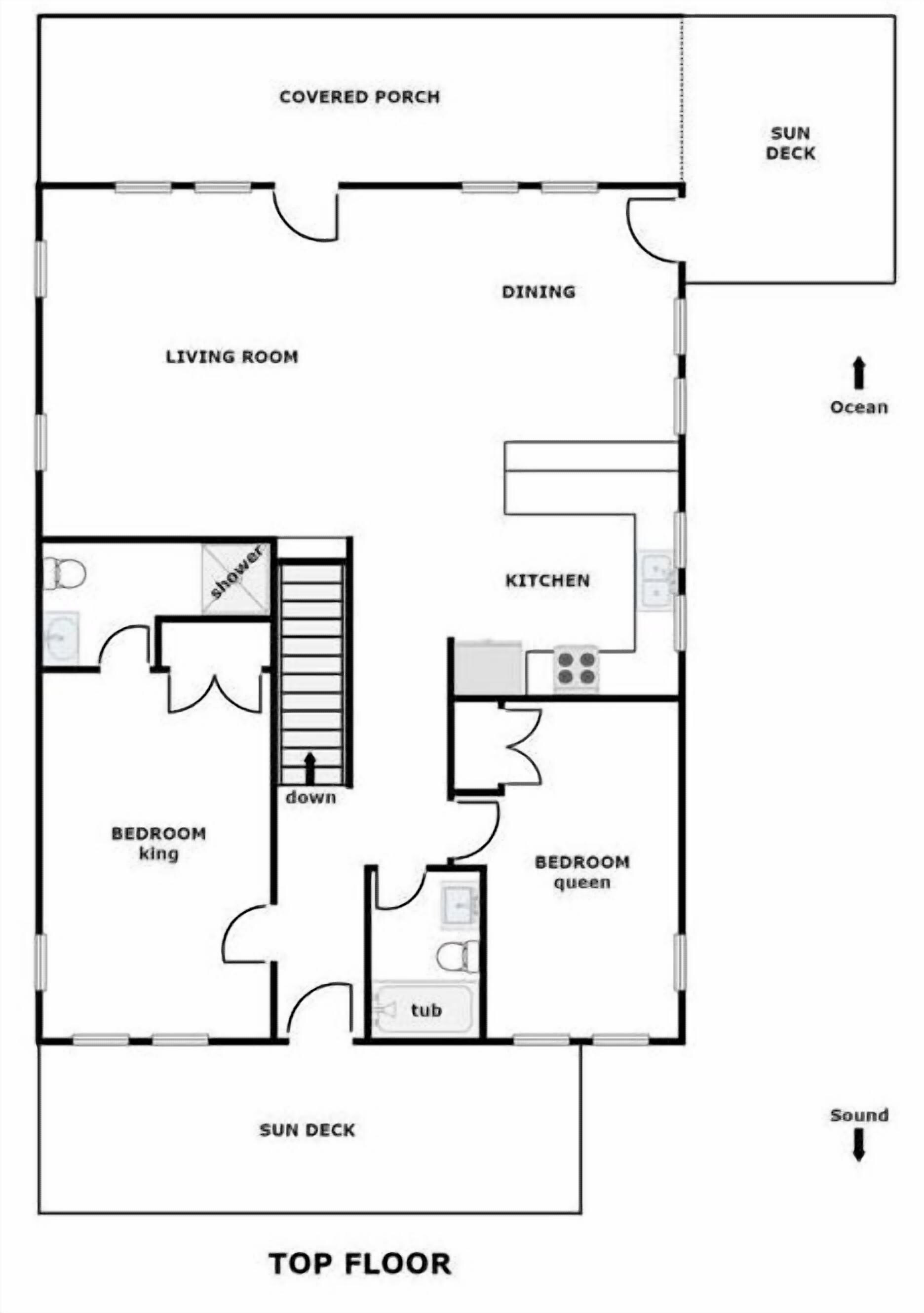 Grundriss eines Hauses im obersten Stockwerk mit einer Veranda, Essbereich, Wohnzimmer, Küche, zwei Schlafzimmern, einem Badezimmer mit Dusche und Badewanne sowie einer Sonnenterrasse.