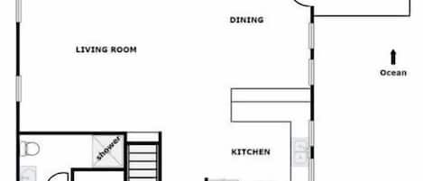 En planlösning för översta våningen i ett hus med en inglasad veranda, matplats, vardagsrum, kök, två sovrum, ett badrum med dusch och badkar samt en solterrass.
