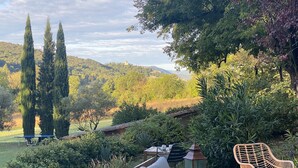 Une terrasse en bois avec un canapé et un fauteuil en osier, entourée d’une végétation luxuriante et de grands arbres.