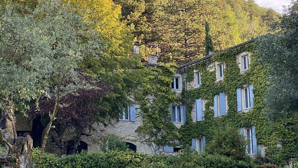 Un bâtiment en pierre doté de nombreuses fenêtres, entouré d’une végétation luxuriante et d’arbres.