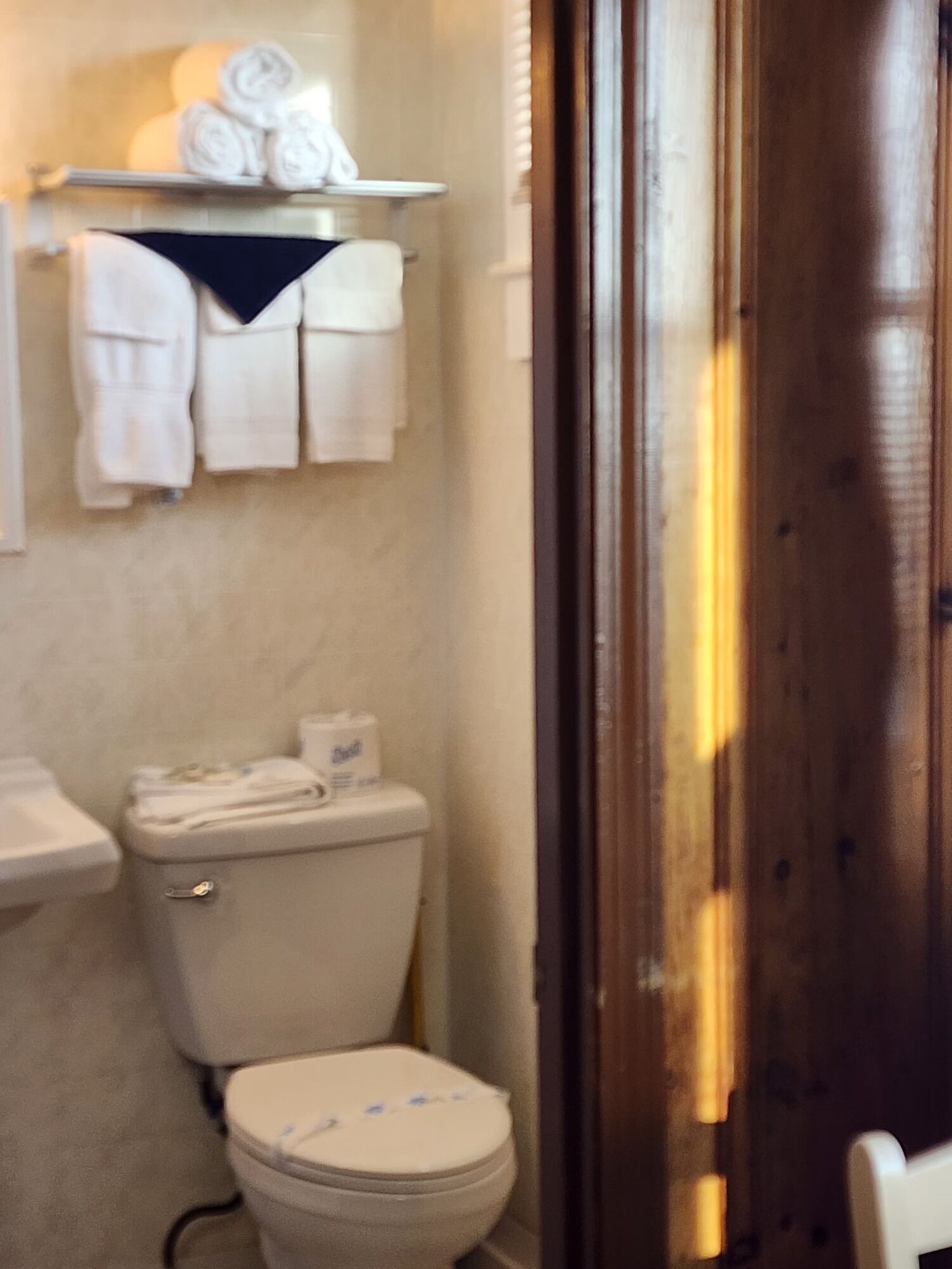Ein Badezimmer mit Toilette, Waschbecken und einem Regal mit Handtüchern.