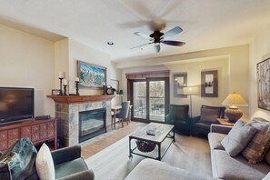 Televisión, chimenea y reproductor de DVD 