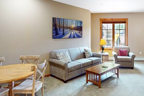 Télévision, cheminée, lecteur de DVD, vidéothèque