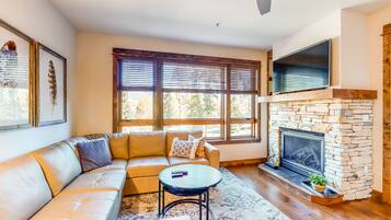 Televisión, chimenea, reproductor de DVD y tenis de mesa