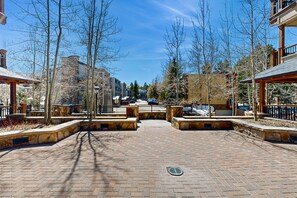 Stroll along the paved walkway, lined with trees, to the building with a mix of modern and traditional architecture.