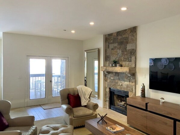 Smart TV, fireplace, video games, DVD player